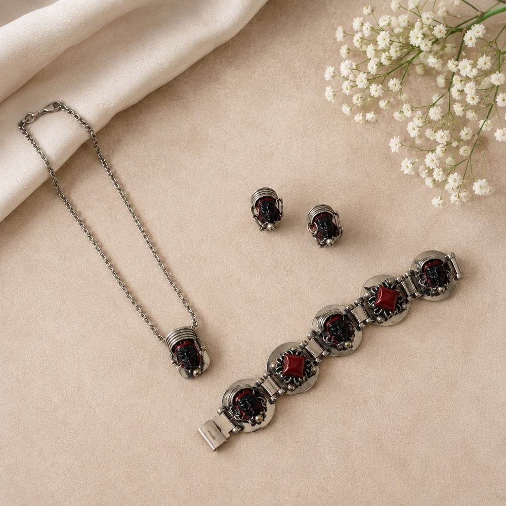 Vintage Coro Silver Tone Black Red Princess Goddess Necklace Bracelet Earring